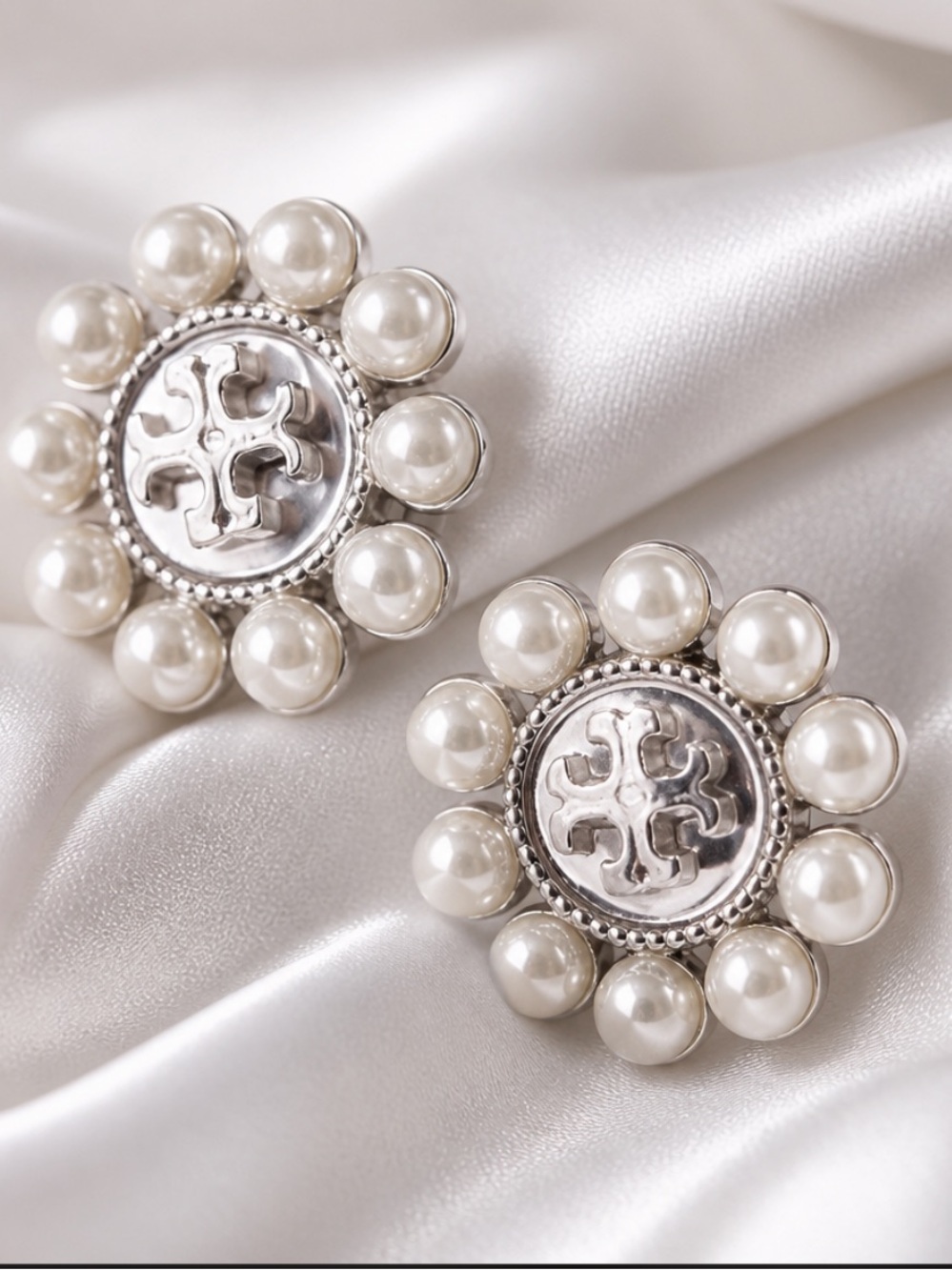 Tori Burch Silver-Tone Pearl Floral Logo Stud Earrings